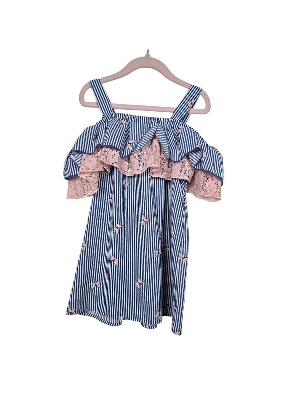 Jenna & Jessie Striped Butterflies Blue White Pink Cold Shoulder Blouse Girls 10